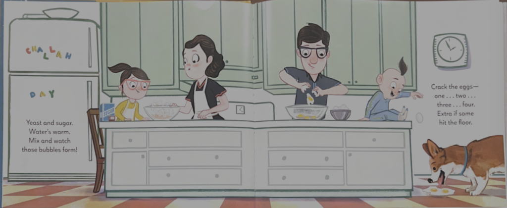 Family baking together, with dad cracking eggs, baby dropping them on the floor, and mom and sister working on the starter.