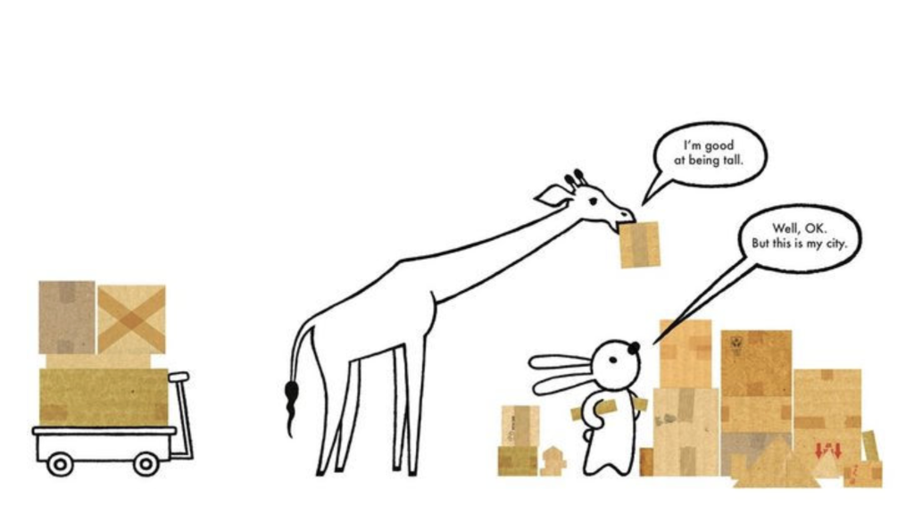 Bunny and giraffe building a box city