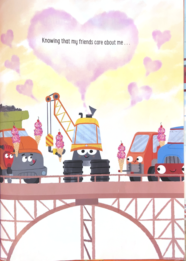 Cranky eats ice cream on the top of a bridge with construction vehicle friends.