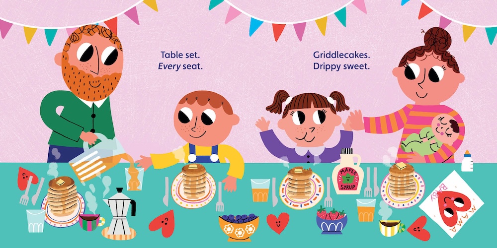 Eating pancakes as a family, with mom and new baby